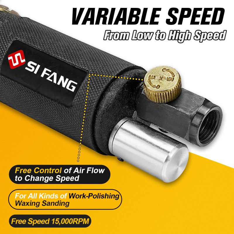 SI FANG 1'' 2'' 3'' Mini Random Orbital Air Sander Kit, High Speed Pneumatic DA Sanders Polisher for Auto Body Work, Includes 27Pcs 1/2/3in Polishing Sponge & Wool Pads, 15Pcs Sandpapers (Black) - Image 5